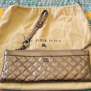 Burberry Pewter Metallic Leather Quilted Clutch Wristlet